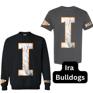 Ira Bulldogs I letter black sweatshirt and charcoal gray tee with orange outline