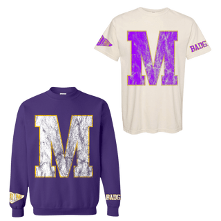 Cream M varsity tee and deep purple BADGER sweatshirt spirit wear set with gold trim details