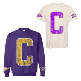 Cream C varsity tee and purple GOLD CRUSHER sweatshirt spirit wear set with gold and white trim