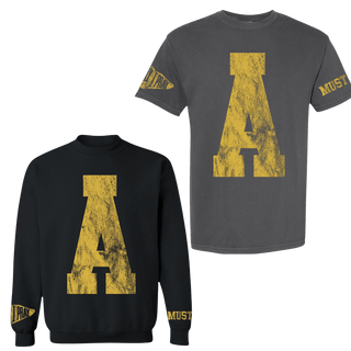 Charcoal A varsity tee and black MUSTANG sweatshirt spirit wear set with gold distressed block letters