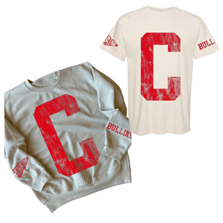 Cream C varsity tee and gray BULLDOGS sweatshirt two-piece spirit wear set with red distressing