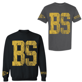 Dark gray BS varsity tee and black STEELERS sweatshirt spirit wear set with yellow block lettering