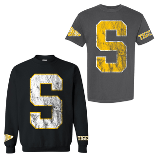 Charcoal S varsity tee and black TIGER sweatshirt spirit wear set with vintage yellow block letters