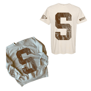 Cream varsity spirit tee with distressed brown S logo and I PRAY sleeve patch