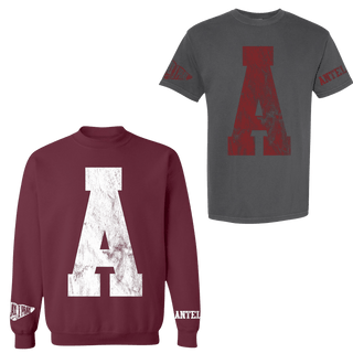 Maroon A varsity sweatshirt and gray t-shirt spirit wear set with ANTELOPE sleeve branding