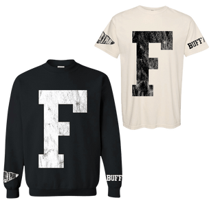 Cream F varsity tee and black BUFFALO sweatshirt spirit wear set with textured grain lettering