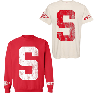 Cream S varsity tee and red MUSTANG sweatshirt spirit wear set with red speckled distressing