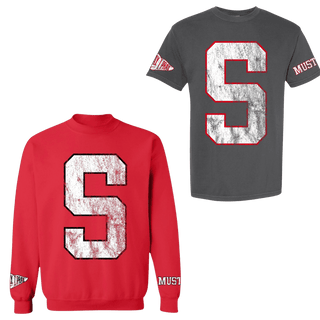 Gray S varsity tee and red MUSTANG sweatshirt spirit wear set with white weathered back lettering