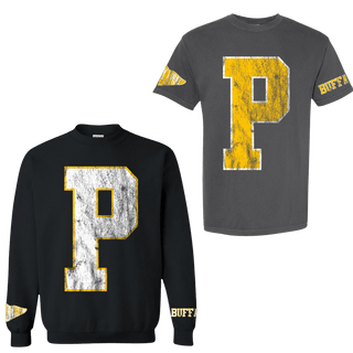 Charcoal P varsity tee and black BUFFALO sweatshirt spirit wear set with yellow distressed lettering