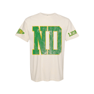 Cream women's varsity spirit tee with distressed green ND lettering and I PRAY sleeve patch