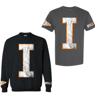 Dark gray I varsity tee and black BULLS sweatshirt spirit wear set with orange outlined lettering