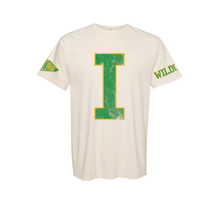 Cream women's crew neck spirit shirt featuring distressed green I letter and WILDCAT sleeve text