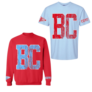Red BC varsity sweatshirt and light blue t-shirt spirit wear set with COYOTE sleeve text