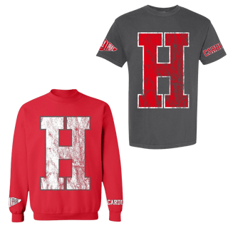 Charcoal H varsity tee and red CARDINAL sweatshirt spirit wear set with high-contrast red lettering