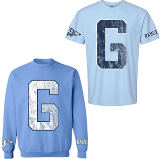 Light blue school spirit sweatshirt set with navy G letter and PLAY I PRAY patch