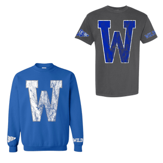 Royal blue and dark gray varsity top featuring W letter and PLAY I PRAY sleeve design
