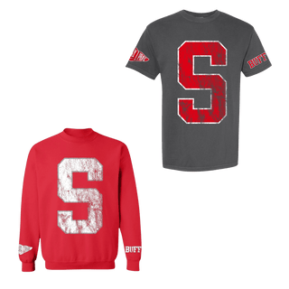 Red S varsity sweatshirt and dark gray t-shirt spirit wear set with BUFFALO sleeve branding