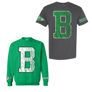 Bright green and charcoal varsity spirit shirt with B letter and HORN sleeve text
