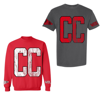 Red CC varsity sweatshirt and gray t-shirt two-piece spirit wear set with AY I PRAY sleeves