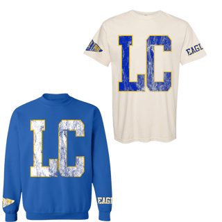 Cream LC varsity tee and royal blue EAGLE sweatshirt spirit wear set with distressed blue lettering