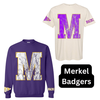 Merkel Badgers M letter purple sweatshirt and cream colored t-shirt spirit wear