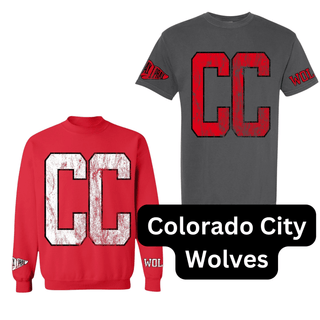 Colorado City Wolves CC letters red and gray varsity spirit top with worn texture