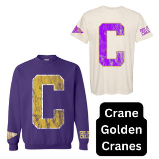 Crane Golden Cranes C letter purple and gold crewneck sweatshirt with t-shirt