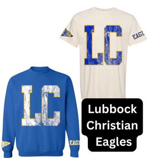 Lubbock Christian Eagles royal blue and cream spirit tops with yellow outlined LC letters