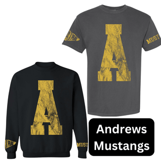 Andrews Mustangs gold A letter varsity top dark gray tee and black sweatshirt