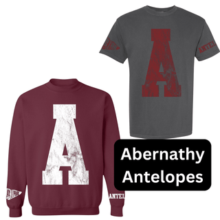 Abernathy Antelopes maroon sweatshirt and gray tee with red A front print and worn finish