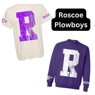 Roscoe Plowboys R letter cream tee and purple crewneck sweatshirt with pennant