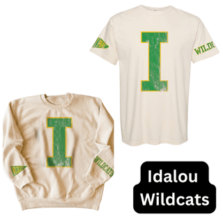 Idalou Wildcats varsity spirit top cream with distressed green I letter and yellow outline