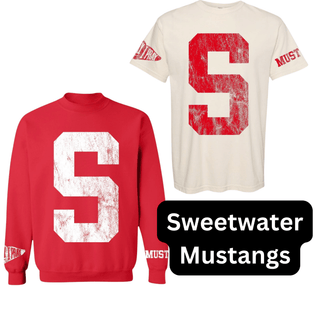 Red Sweetwater Mustangs crewneck sweatshirt with white S back print and matching cream tee