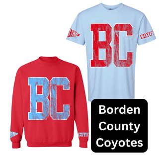 Borden County Coyotes BC letters light blue tee and red sweatshirt spirit wear