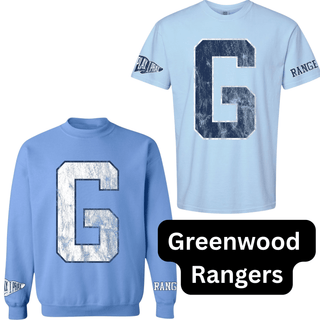 Greenwood Rangers G letter light blue sweatshirt and matching short sleeve tee