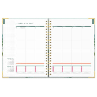 2027 Bella Flora spiral planner open to January weekly spread with meal and gratitude sections