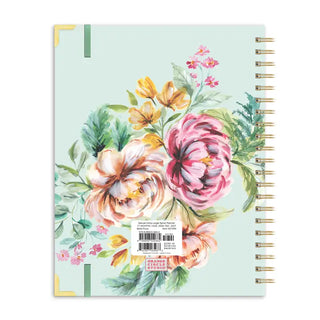 Mint green spiral planner back cover with watercolor floral bouquet, gold binding