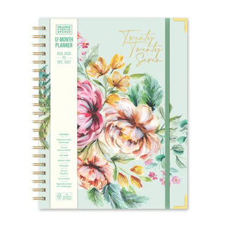 Mint green floral spiral planner with watercolor roses, 17-month Aug 2026–Dec 2027