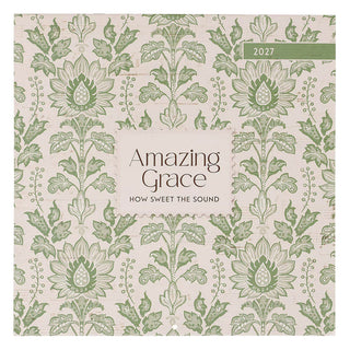 2027 Amazing Grace wall calendar with green floral damask pattern and hymn subtitle