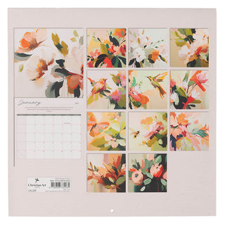 Back cover of 2027 Christian Art Gifts large wall calendar showing twelve floral artwork thumbnails and January grid