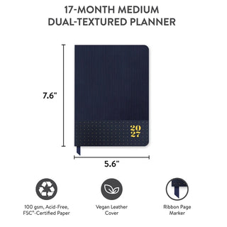 Medium size 2027 navy planner dimensions with FSC certified acid-free paper and vegan leather cover icons