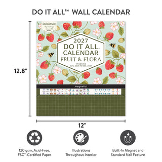 2027 Do It All Wall Calendar with fruit and flora design, dimensions, and features listed.