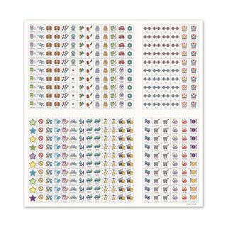 Four sheets of small colorful icons or stickers arranged in a grid on a white background. The sheets contain many tiny illustrated symbols in different colors, including stars, coins, arrows, and small product-like drawings.