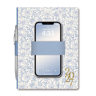 2027 Studio Oh Casey Planner in blue floral pattern with elastic band, pen loop, and phone holder