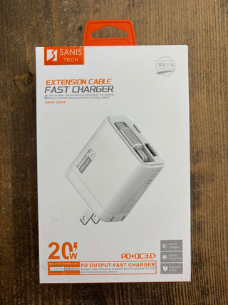 Sanis Tech 20W PD+QC3.0 fast charger packaging showing white dual-port wall adapter