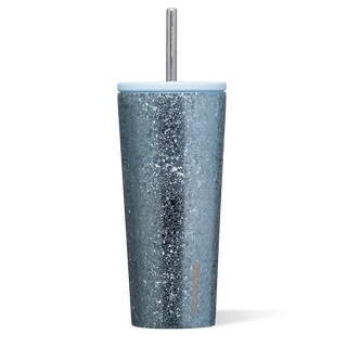 Corkcicle 24oz blue glitter cold cup tumbler with straw and light blue lid