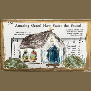 18x24 rustic framed Amazing Grace hymn art with white church, gold trim and aged paper