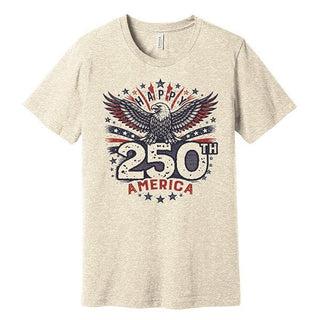 Full front view of heather beige 250th birthday tee with vintage eagle graphic