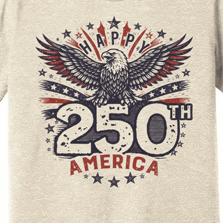 Heather beige 250th birthday tee close-up with distressed eagle and flag graphic