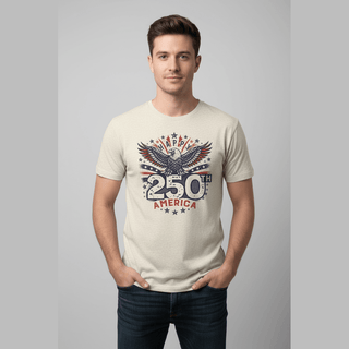 Men modeling unisex heather beige 250th America screen printed t-shirt